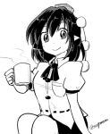  1girl breast_pocket coffee_mug greyscale hat looking_at_viewer monochrome pocket pointy_ears pom_pom_(clothes) shameimaru_aya shirt short_sleeves sitting smile steam taurine_8000mg tokin_hat touhou twitter_username white_background white_shirt 