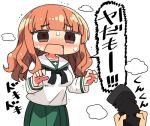  1girl bangs blunt_bangs blush brown_hair chibi commentary_request d: eyebrows_visible_through_hair girls_und_panzer green_skirt heavy_breathing kanikama long_hair long_sleeves lowres open_mouth orange_eyes out_of_frame pleated_skirt sailor_collar school_uniform serafuku shirt shouting simple_background skirt solo standing sweat sweatdrop sweating_profusely takebe_saori translation_request trembling white_background white_shirt 