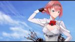  1girl ark_royal_(kantai_collection) blue_eyes blue_sky bob_cut breasts brown_gloves character_name cleavage_cutout closed_mouth clouds cloudy_sky earrings fingerless_gloves gloves hair_flip hairband highres jewelry kantai_collection long_sleeves looking_at_viewer namiki_kojiro quiver red_ribbon redhead ribbon rigging short_hair shorts sky smile solo stud_earrings tiara 