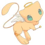  angel_wings blue_eyes feathered_wings full_body halo hand_to_own_mouth hideko_(l33l3b) holding holding_wand legband looking_at_viewer lowres mew no_humans pokemon pokemon_(creature) simple_background solo wand white_background wings 