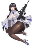  1girl \m/ arm_support ass assault_rifle bangs between_breasts black_hair blue_neckwear blunt_bangs breasts brown_legwear bullpup bustier fingerless_gloves full_body girls_frontline gloves gun hairband high_heels highres holding holding_gun holding_weapon jacket karmiel large_breasts lipstick long_hair long_sleeves looking_at_viewer makeup miniskirt necktie necktie_between_breasts panties panties_under_pantyhose pantyhose pantyshot pantyshot_(sitting) pinky_out pleated_skirt qbz-95 qbz-95_(girls_frontline) red_lipstick rifle shoes simple_background sitting skirt smile solo thighband_pantyhose trigger_discipline underwear weapon white_background white_gloves white_hairband white_jacket white_panties white_shoes white_skirt yellow_eyes 