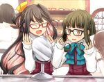  4girls bespectacled black-framed_eyewear black_hair blush bob_cut bow bowtie braid brown_eyes brown_hair closed_eyes detached_sleeves dress fang from_behind glasses green_hair hair_ribbon hairband kantai_collection kirishima_(kantai_collection) long_hair long_sleeves mirror mizumoto_tadashi multicolored_hair multiple_girls naganami_(kantai_collection) natori_(kantai_collection) nontraditional_miko open_mouth pink_hair red-framed_eyewear ribbon school_uniform serafuku shirt short_hair sidelocks sleeveless sleeveless_dress takanami_(kantai_collection) white_shirt yellow_ribbon 