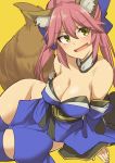  1girl :d animal_ears bare_shoulders blue_legwear breasts cleavage curvy detached_collar detached_sleeves fate/extra fate_(series) fox_ears fox_tail hair_ribbon hand_rest highres japanese_clothes kimono kosuke_haruhito large_breasts long_hair looking_at_viewer no_panties open_mouth purple_hair ribbon smile solo tail tamamo_(fate)_(all) tamamo_no_mae_(fate) thigh-highs wide_hips yellow_eyes 