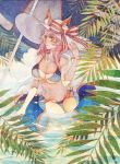  1girl beach_umbrella bow breasts clouds hat hat_bow innertube jewelry large_breasts liaoyuan navel necklace outdoors pink_hair solo striped striped_bow swimsuit traditional_media umbrella water watercolor_(medium) white_hat 