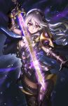  1girl alternate_costume armor armpits athenawyrm breasts cape cleavage cravat dark_background female_my_unit_(fire_emblem_if) fire_emblem fire_emblem_if gauntlets glowing glowing_sword glowing_weapon gluteal_fold greaves grey_hair hairband long_hair looking_at_viewer my_unit_(fire_emblem_if) panties red_eyes serious solo sword thigh-highs thigh_gap torn_cape underwear weapon 