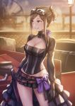  1girl artist_request belt black_gloves blush breasts brown_eyes brown_hair cleavage dorothy_(princess_principal) flower gloves goggles goggles_on_head grin groin highres hips knife large_breasts long_hair o-ring princess_principal skirt smile solo source_request teeth thighs tied_hair 