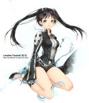  1girl bangs black_gloves black_hair blue_eyes blush breasts d.gray-man eyebrows_visible_through_hair full_body gloves kneeling kyara36 lenalee_lee long_hair long_sleeves looking_at_viewer medium_breasts parted_lips simple_background solo thighs twintails watermark web_address white_background 