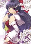  1girl bangs bare_shoulders black_hair blunt_bangs blurry blurry_foreground blush bow breasts closed_mouth depth_of_field detached_sleeves dress frilled_dress frills from_side hair_bow hair_tubes hakurei_reimu hand_up highres holding lips long_hair long_sleeves looking_at_viewer looking_to_the_side medium_breasts ofuda red_bow red_dress sailor_collar sheita shiny shiny_hair sideboob sidelocks sleeveless sleeveless_dress smile solo sparkle touhou upper_body violet_eyes white_flower wide_sleeves 