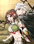  3girls amagi_(kantai_collection) asymmetrical_hair black_hair blue_eyes breasts brown_eyes brown_hair cleavage_cutout commentary flower hair_flower hair_ornament hair_ribbon kantai_collection katsuragi_(kantai_collection) large_breasts leaf leaf_hair_ornament long_hair looking_at_another maple_leaf mizumoto_tadashi mole mole_under_eye multiple_girls ponytail remodel_(kantai_collection) ribbon unryuu_(kantai_collection) upper_body very_long_hair white_hair 