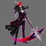  1girl androgynous apt belt black_gloves full_body fur_trim gloves grey_background gyakushuu_no_fantasica heart highres holding holding_weapon looking_at_viewer official_art redhead scythe simple_background solo weapon yellow_eyes 
