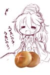  +++ 1girl :d =_= bread eating fang food hat knife mononobe_no_futo muuba open_mouth sketch smile solo spork tate_eboshi touhou 