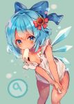  (9) 1girl ana_(rznuscrf) apron blue_bow blue_eyes blue_hair bow cirno flower food green_background hair_bow hair_flower hair_ornament highres looking_at_viewer mouth_hold naked_apron popsicle red_bow solo sunflower_hair_ornament sweat tanned_cirno touhou wet wet_clothes wringing_clothes 