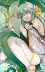  1girl :d bangs bare_shoulders barefoot between_legs blush bow breasts commentary_request crossover dappled_sunlight day detached_collar detached_sleeves fate_(series) fetal_position from_above green_hair hair_bow highres horns kiyohime_(fate/grand_order) long_hair long_sleeves looking_at_viewer lying medium_breasts off_shoulder on_ground on_side open_mouth outdoors petting pokemon pokemon_(creature) pokemon_(game) pokemon_bw red_eyes serperior sideboob sidelocks smile snake soaking_feet suisen_toire_(moko924) sunlight thigh-highs toeless_legwear toes water white_legwear wide_sleeves yellow_bow yellow_eyes 