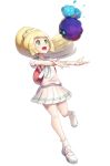  1girl backpack bag blonde_hair cosmog gonzarez green_eyes highres lillie_(pokemon) long_hair open_mouth outstretched_arms pokemon pokemon_(creature) pokemon_(game) pokemon_sm ponytail short_sleeves simple_background skirt white_background white_skirt 