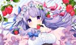  1girl adapted_costume bangs blue_bow bow breasts capelet commentary_request food fruit hair_bow hat hat_bow large_breasts long_hair looking_at_viewer mob_cap patchouli_knowledge pink_hat purple_hair red_bow shiika_yuno smile solo strawberry touhou upper_body violet_eyes white_flower 