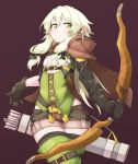  1girl arrow asymmetrical_sleeves bangs black_gloves black_legwear blonde_hair blush boots bow_(weapon) brown_cloak cloak commentary_request cowboy_shot elf eyebrows_visible_through_hair gloves goblin_slayer! green_eyes green_vest hair_between_eyes hair_ribbon high_elf_archer_(goblin_slayer!) holding holding_bow_(weapon) holding_weapon hood hood_down leg_belt long_hair looking_at_viewer parted_lips pointy_ears purple_background quiver ready_to_draw ribbon ryota_tentei shirt short_shorts shorts sidelocks skindentation solo standing thigh-highs thigh_boots thighhighs_under_boots tress_ribbon vest walking weapon white_shirt 