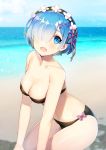  1girl :d alternate_costume ayami_(annahibi) bare_arms bare_shoulders beach bikini black_bikini blue_eyes blue_hair blue_sky blush breasts cleavage collarbone day hair_ornament hair_over_one_eye hairband highres leaning_forward lolita_hairband looking_at_viewer medium_breasts ocean open_mouth outdoors re:zero_kara_hajimeru_isekai_seikatsu rem_(re:zero) ribbon short_hair sky smile solo strapless strapless_bikini swimsuit thighs 