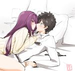  1boy 1girl absurdres alternate_costume black_hair black_panties blush fate/grand_order fate_(series) fujimaru_ritsuka_(male) highres lamp long_hair lying on_back on_person on_stomach panties panties_removed pillow purple_hair scathach_(fate/grand_order) sketch slept_(re_mix) sweatdrop sweater underwear uniform violet_eyes 