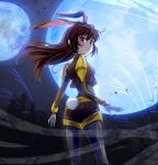  1girl animal_ears brown_eyes brown_hair bunny_tail commentary_request forest full_moon iesupa looking_back moon nature rabbit_ears rwby tail velvet_scarlatina 