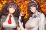  2girls bangs black_gloves black_hair breasts brown_eyes closed_mouth coat eyebrows_visible_through_hair fingerless_gloves girls_frontline gloves hairband hand_holding interlocked_fingers jacket jacket_on_shoulders large_breasts leaf long_hair looking_at_viewer maple_leaf monaim multiple_girls open_clothes open_jacket qbz-95_(girls_frontline) qbz-97_(girls_frontline) sidelocks smile twintails white_gloves 