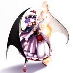  &gt;:| 1girl absurdres bat_wings breasts cape choker dress embellished_costume fingernails fire hat highres kikoka_(mizuumi) mary_janes medium_breasts mob_cap pantyhose red_eyes remilia_scarlet sharp_fingernails shoes short_hair slit_pupils socks_over_pantyhose solo spear_the_gungnir touhou wings 