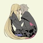  2girls ange_(princess_principal) artist_request blonde_hair cape closed_eyes couple grey_hair hug kiss long_hair multiple_girls princess_(princess_principal) princess_principal yuri 