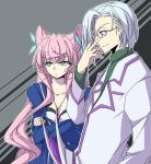  10s 1boy 1girl adjusting_eyewear aqua_eyes butterfly_hair_ornament dr._ver glases glasses hair_ornament hottate jewelry labcoat long_hair maria_cadenzavna_eve necklace pink_hair profile senki_zesshou_symphogear silver_hair 