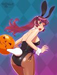  1girl 2017 animal_ears biting black_bow black_leotard black_neckwear bow bowtie brown_hair brown_legwear bunny_tail bunnysuit checkered checkered_background detached_collar from_behind fukusuke_hachi-gou gradient gradient_background green_background green_eyes halloween highres jack-o&#039;-lantern leotard open_mouth original pantyhose rabbit_ears solo strapless strapless_leotard tail wrist_cuffs 