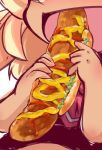  1girl blonde_hair blush close-up eating fang food hair_bun happy hot_dog ketchup mustard muuba nose_blush rumia sausage short_hair solo tan touhou 