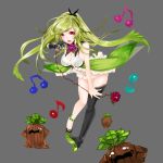 1girl :d apt bare_shoulders black_gloves black_legwear breasts dress full_body gloves green_hair grey_background gyakushuu_no_fantasica hair_ornament large_breasts long_hair looking_at_viewer microphone monster musical_note official_art open_mouth sideboob simple_background single_glove single_thighhigh sleeveless sleeveless_dress smile solo thigh-highs violet_eyes 