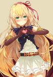  1girl absurdres arisa_(shadowverse) blonde_hair blush breasts elbow_gloves elf gloves green_eyes hair_ribbon highres long_hair looking_at_viewer medium_breasts pointy_ears ribbon shadowverse skirt solo yamato_(muchuu_paradigm) 