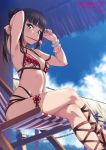 1girl arms_up bangs beach_chair bikini black_hair blunt_bangs bracelet copyright_name downscaled floral_print green_eyes hair_ornament hair_stick jewelry kurosawa_dia legs_crossed long_hair looking_at_viewer love_live! love_live!_sunshine!! midriff mole mole_under_mouth mouth_hold navel one_side_up outdoors side_bun sitting solo straight_hair strappy_heels swimsuit thigh_strap 