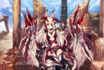  1girl animal_ears breasts cleavage dragon_horns elbow_gloves fox_ears fox_tail gloves haik heterochromia highres horns hybrid leotard long_hair looking_at_viewer medium_breasts multiple_tails navel original silver_hair solo tail thigh-highs wings 