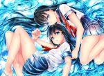  2girls absurdly_long_hair bad_id bad_pixiv_id bangs bare_legs barefoot black_hair blouse blue_eyes blue_hair blue_skirt blush closed_mouth eyebrows_visible_through_hair highres kyara36 long_hair lying multiple_girls neckerchief on_side original parted_lips plantar_flexion pleated_skirt red_neckerchief school_uniform serafuku short_sleeves skirt smile thighs very_long_hair white_blouse yuri 