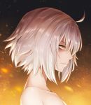  1girl ahoge bare_shoulders fate/grand_order fate_(series) fire jeanne_alter kengzeta profile ruler_(fate/apocrypha) short_hair silver_hair solo upper_body yellow_eyes 