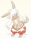  1girl :3 animal_ears blush fang flat_chest furry hair_rings looking_at_viewer made_in_abyss nanachi_(made_in_abyss) nezumi_inu open_mouth pants short_hair_with_long_locks simple_background solo tail topless whiskers white_hair yellow_eyes 