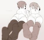  2girls ass bangs blurry blurry_foreground blush closed_mouth commentary_request depth_of_field eyebrows_visible_through_hair feet from_behind full_body hair_ornament hairclip highres holding_hands looking_at_viewer looking_back lying medium_hair monochrome multiple_girls neyuki_rei on_stomach original panties profile sepia short_hair simple_background soles thigh-highs topless twintails underwear underwear_only 