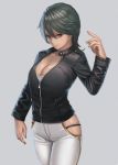  1girl bangs black_hair black_jacket black_panties breasts brown_eyes cleavage closed_mouth grey_background hair_between_eyes hand_up jacket large_breasts leather leather_jacket looking_at_viewer original panties pants partially_unzipped ranma_(kamenrideroz) simple_background smile solo tank_top underwear white_pants zipper 