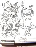  1boy absurdres character_sheet cuphead cuphead_(game) gashi-gashi giving_up_the_ghost grin halo highres pants pen pen_(medium) smile traditional_media 