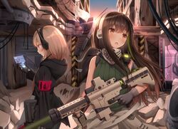  2girls :o ar-15 bangs brown_hair day eyebrows_visible_through_hair girls_frontline gloves grey_gloves gun headphones m4_sopmod_ii_(girls_frontline) m4a1_(girls_frontline) multicolored_hair multiple_girls open_mouth outdoors pink_eyes rifle sidelocks streaked_hair superpig trigger_discipline weapon 