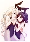  2girls animal_ears black_bow black_eyes black_hair black_leotard black_neckwear blonde_hair bow bowtie breasts bunny_tail bunnysuit covered_navel cowboy_shot detached_collar eye_contact fishnet_pantyhose fishnets food large_breasts leotard long_hair looking_at_another medium_breasts mochi multiple_girls original pantyhose rabbit_ears short_hair shouna_mitsuishi simple_background strapless strapless_leotard tail wagashi white_background wrist_cuffs 