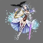  1girl animal apt aqua_eyes bird braid breasts cleavage crow feathered_wings full_body garter_straps gauntlets greaves grey_background gyakushuu_no_fantasica holding holding_sword holding_weapon large_breasts long_hair looking_at_viewer navel official_art parted_lips see-through shield silver_hair simple_background solo sword weapon white_legwear wings 