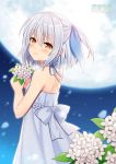  1girl backlighting bangs bare_arms bare_shoulders blush bouquet bow brown_eyes commentary_request dress eyebrows_visible_through_hair flower from_side full_moon grey_bow halterneck hitsuki_rei holding holding_bouquet looking_at_viewer looking_to_the_side moon night night_sky original outdoors short_hair silver_hair sky sleeveless sleeveless_dress solo tareme white_flower 