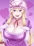  1girl artist_request blonde_hair blush bow breasts cleavage dress elbow_gloves gloves hair_ornament hair_ribbon hands_on_own_chest hat hat_bow heart heart_background highres large_breasts licking_lips looking_at_viewer mob_cap purple_dress ribbon tongue tongue_out touhou violet_eyes white_gloves yakumo_yukari 