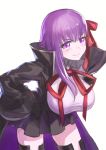  &gt;:) 1girl absurdres bangs bb_(fate/extra_ccc) bent_over black_jacket black_legwear black_skirt breasts closed_mouth emoshon eyebrows_visible_through_hair eyelashes fate/extra fate/extra_ccc fate/grand_order fate_(series) hair_between_eyes hair_ribbon hands_on_hips high-waist_skirt highres jacket large_breasts leaning_forward lips long_hair long_sleeves looking_at_viewer miniskirt open_clothes open_jacket pleated_skirt popped_collar red_ribbon ribbon shirt simple_background skirt smile solo straight_hair thigh-highs white_background white_shirt wide_sleeves zettai_ryouiki 