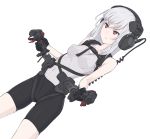  1girl bangs bare_arms bike_shorts black_gloves breasts commentary_request controller covered_navel dutch_angle earmuffs erect_nipples gloves holding holster kazuoki long_hair original red_eyes serious simple_background small_breasts solo standing sweater_vest white_background white_hair 