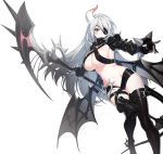  1girl boots breasts cleavage closers demon_tail eyepatch gloves horn large_breasts leg_up levia_(closers) long_hair nail_polish partly_fingerless_gloves scythe short_shorts shorts sideboob silver_hair simple_background smile solo tail thigh_strap thighs under_boob very_long_hair weapon 