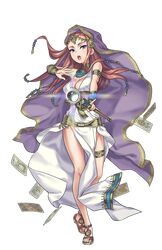  1girl :o beads black_nails bracer breasts brown_hair cleavage cleopatra_the_8th eyeshadow full_body grey_eyes hair_beads hair_ornament hand_up highres holding holding_staff jewelry leglet long_hair looking_at_viewer makeup medium_breasts nail_polish neck_ring official_art princess_principal princess_principal_game_of_mission sandals solo staff tarot transparent_background 