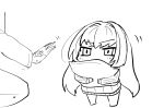  1boy 1girl chibi command_spell fate/grand_order fate_(series) frown fujimaru_ritsuka_(male) hug long_hair monochrome pillow scathach_(fate/grand_order) simple_background sketch slept_(re_mix) squatting sweatdrop sweater white_background 