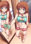  1girl aokihoshi barefoot blue_eyes blush bra breasts brown_hair cellphone cleavage cleavage_cutout full_body heart_cutout highres holding long_hair looking_at_viewer lowleg lowleg_shorts medium_breasts midriff mirror navel original outstretched_arm phone reflection short_shorts shorts smartphone smile solo standing toes underwear 